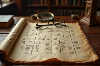 Document généalogique ancien manuscrit avec arbre familial et photos sépia sur un bureau en chêne