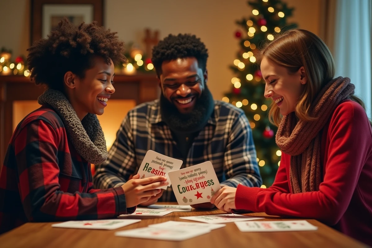 Groupe de trois adultes souriants échangeant des cartes de Noël multilingues autour d'une table décorée avec sapin en arrière-plan
