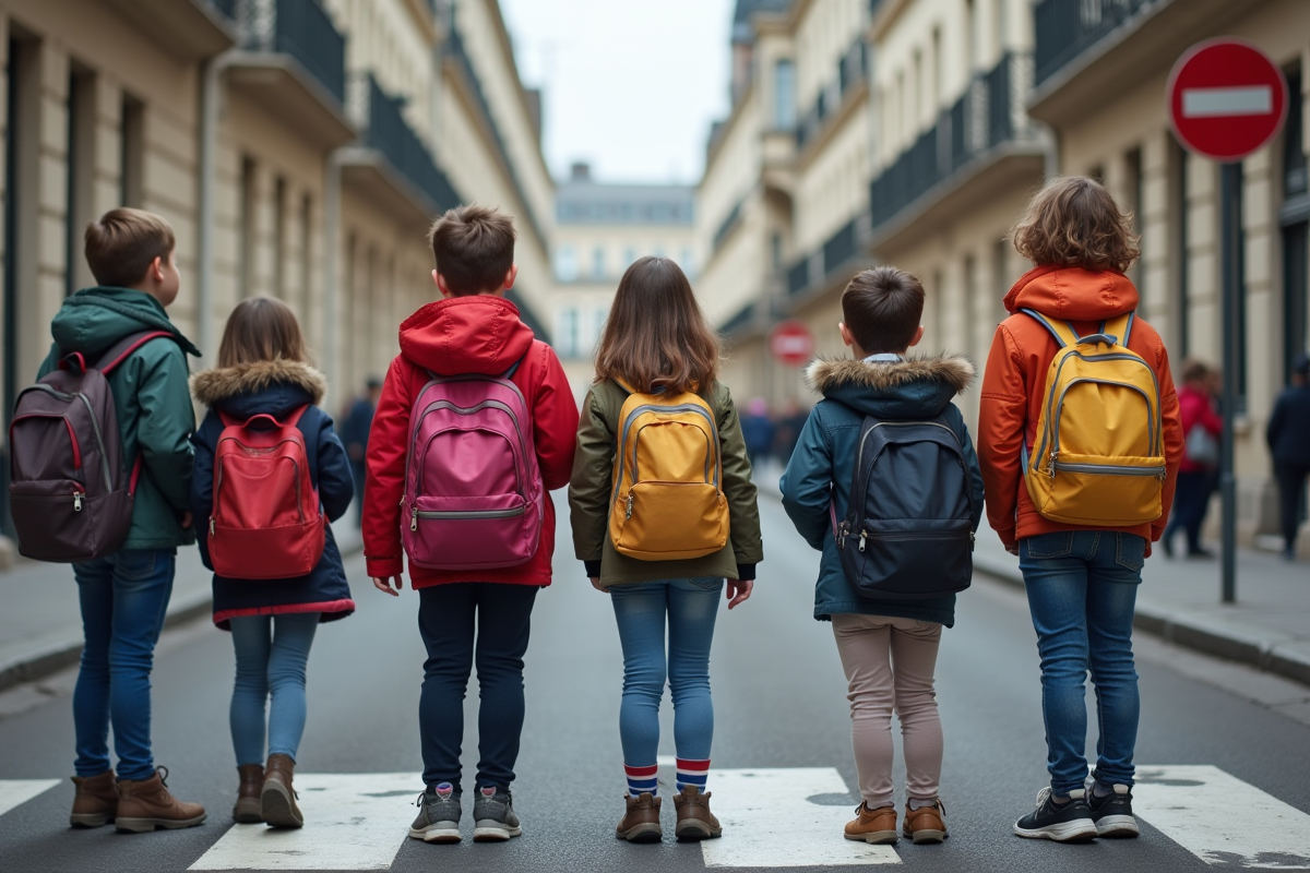 Groupe d'enfants français attendant au passage piéton