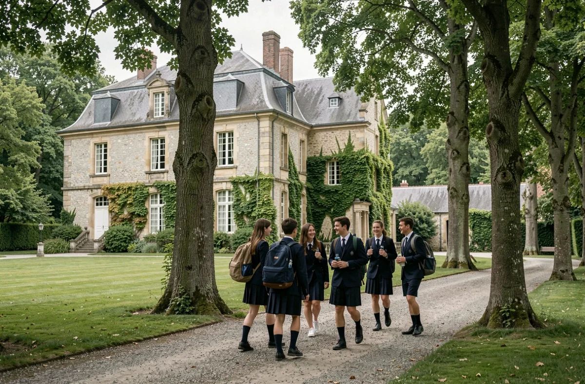 Élèves en uniforme devant le bâtiment historique de l'école Saint-Dominique à Mortefontaine