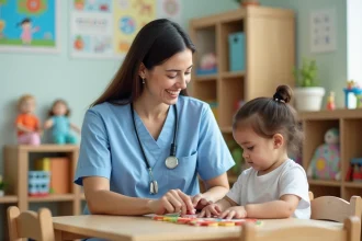 Éducatrice de crèche en blouse bleue aidant un enfant avec un puzzle dans une salle de jeux colorée