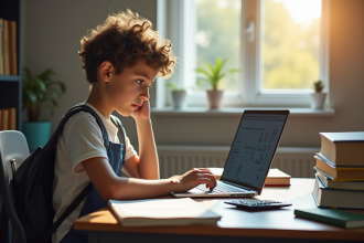 Jeune lyceen studieux avec ordinateur et livres de maths