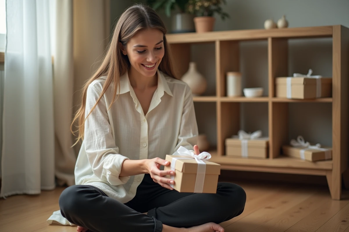 Jeune femme emballant un cadeau de baptême fait main avec un ruban en organza, assise sur un parquet en bois dans un coin créatif cosy