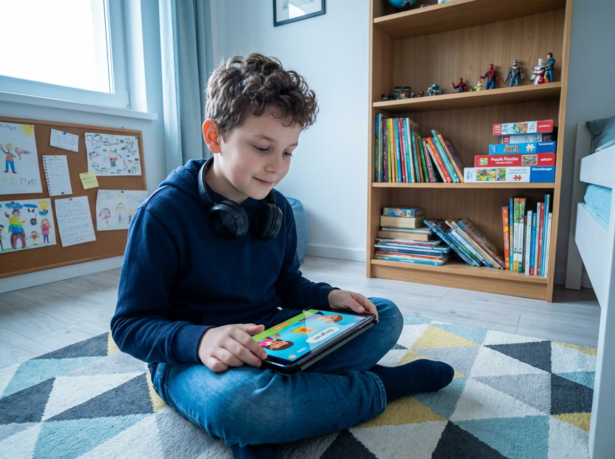 Un garçon utilise une application d'apprentissage de l'anglais sur une tablette dans sa chambre