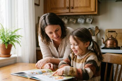 Une fillette et sa mère découvrent ensemble un livre illustré en anglais à la table de la cuisine