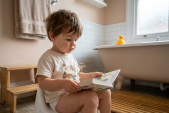 Tout-petit assis sur un pot d'apprentissage dans une salle de bain pastel, tenant un livre illustré avec une expression concentrée