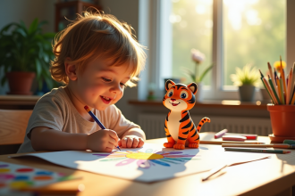 Jeune enfant dessinant un tigre et un toucan sur une grande feuille
