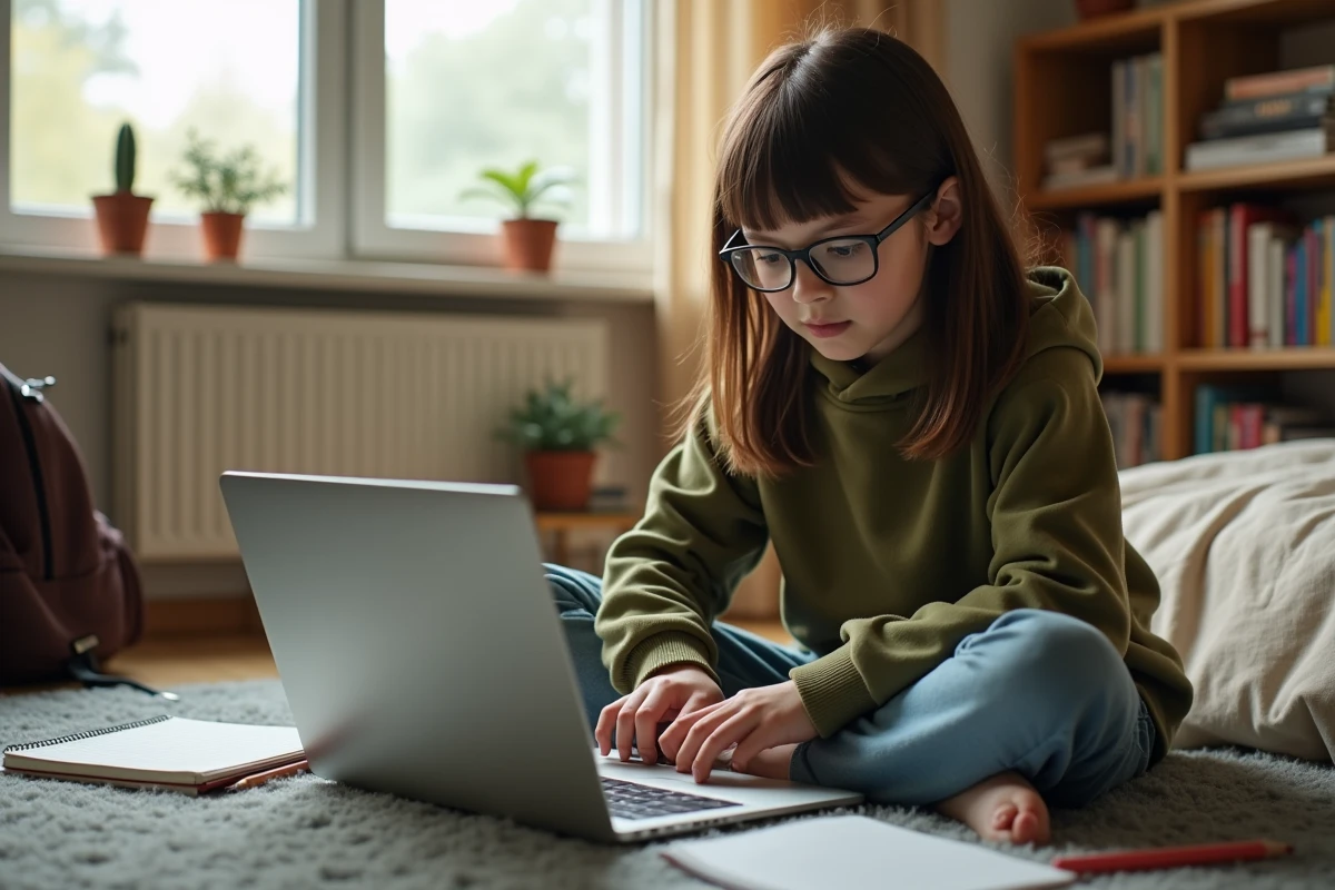 Jeune fille faisant ses devoirs seule avec Educartable sur un ordinateur portable dans sa chambre