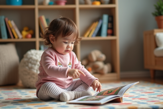 Petite fille curieuse lisant un livre dans un salon chaleureux