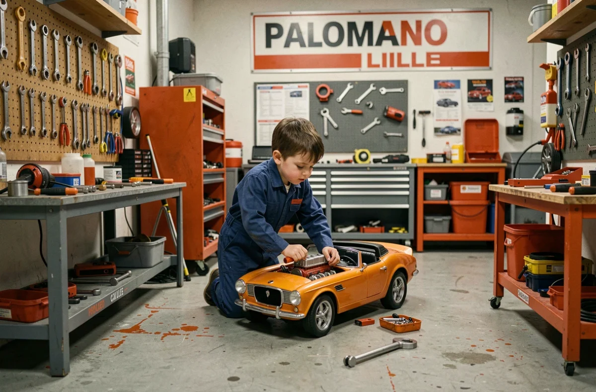 Garçon en combinaison de mécanicien jouant dans un atelier garage miniature à Palomano Lille