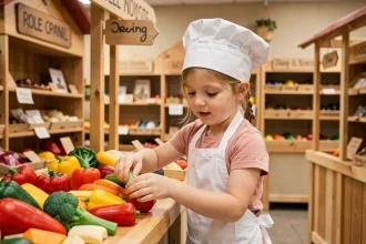 Jeune fille en tablier de chef jouant à la marchande dans un espace de jeux de rôle métiers à Lille