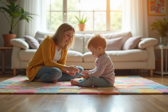Tout-petit sur tapis coloré touchant une tablette dans un salon lumineux