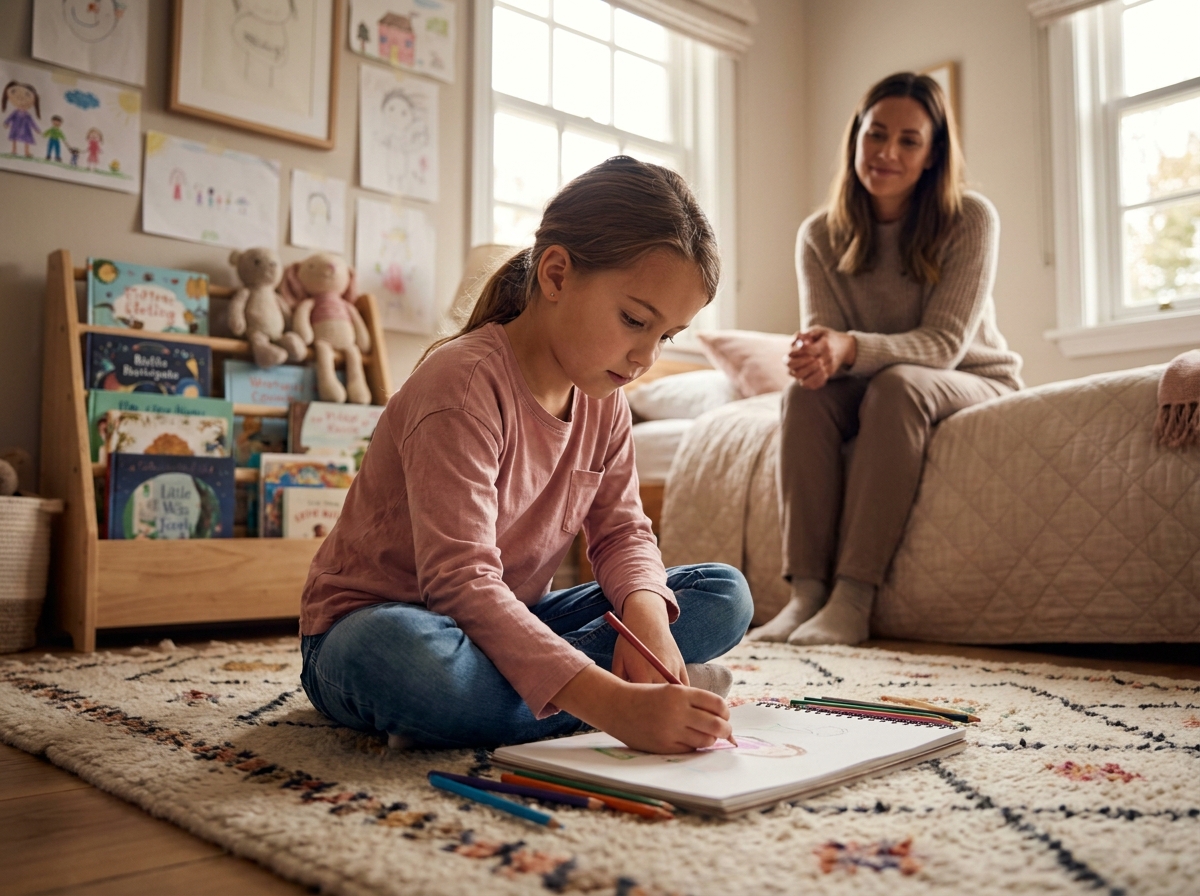 Une jeune fille dessinant calmement dans sa chambre sous le regard bienveillant de sa mère, illustrant la protection de l'enfant durant une période de divorce familial