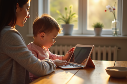 Jeune enfant utilisant une tablette au petit déjeuner