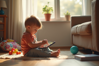 Jeune enfant utilisant une tablette dans le salon ensoleille