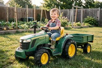 Enfant de 6 ans conduisant un tracteur électrique 36V vert et jaune dans un jardin potager extérieur