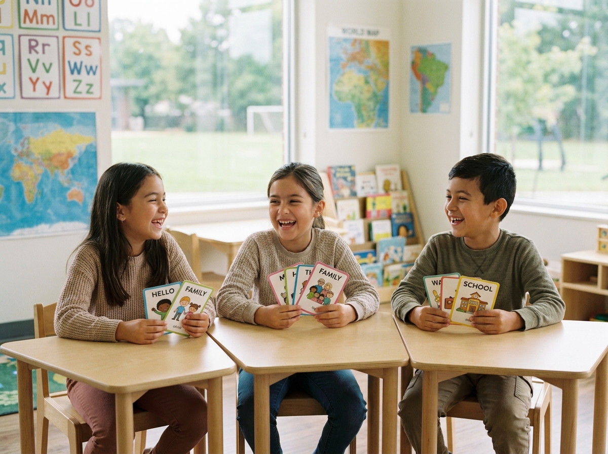 Trois enfants pratiquent l'anglais avec des flashcards en classe dans une école primaire