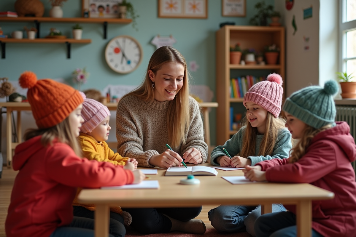 Groupe d'enfants en maternelle avec leur enseignante dans une classe
