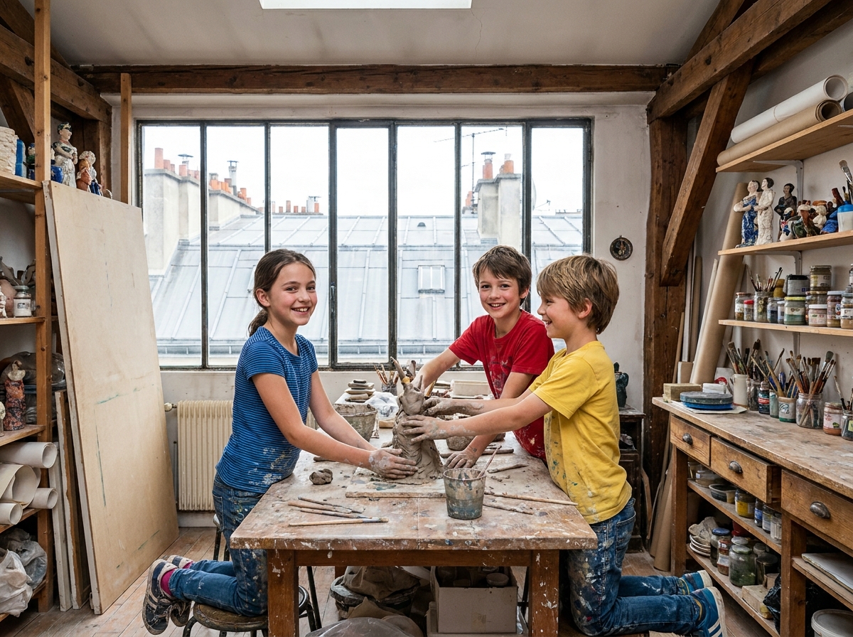Groupe d'enfants créant de l'art dans un atelier parisien pendant des vacances éducatives et créatives à Paris