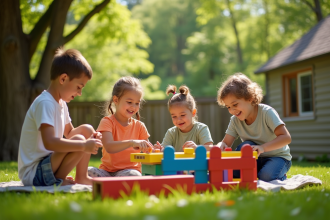 Enfants construisant une cabane en bois colorée dans le jardin