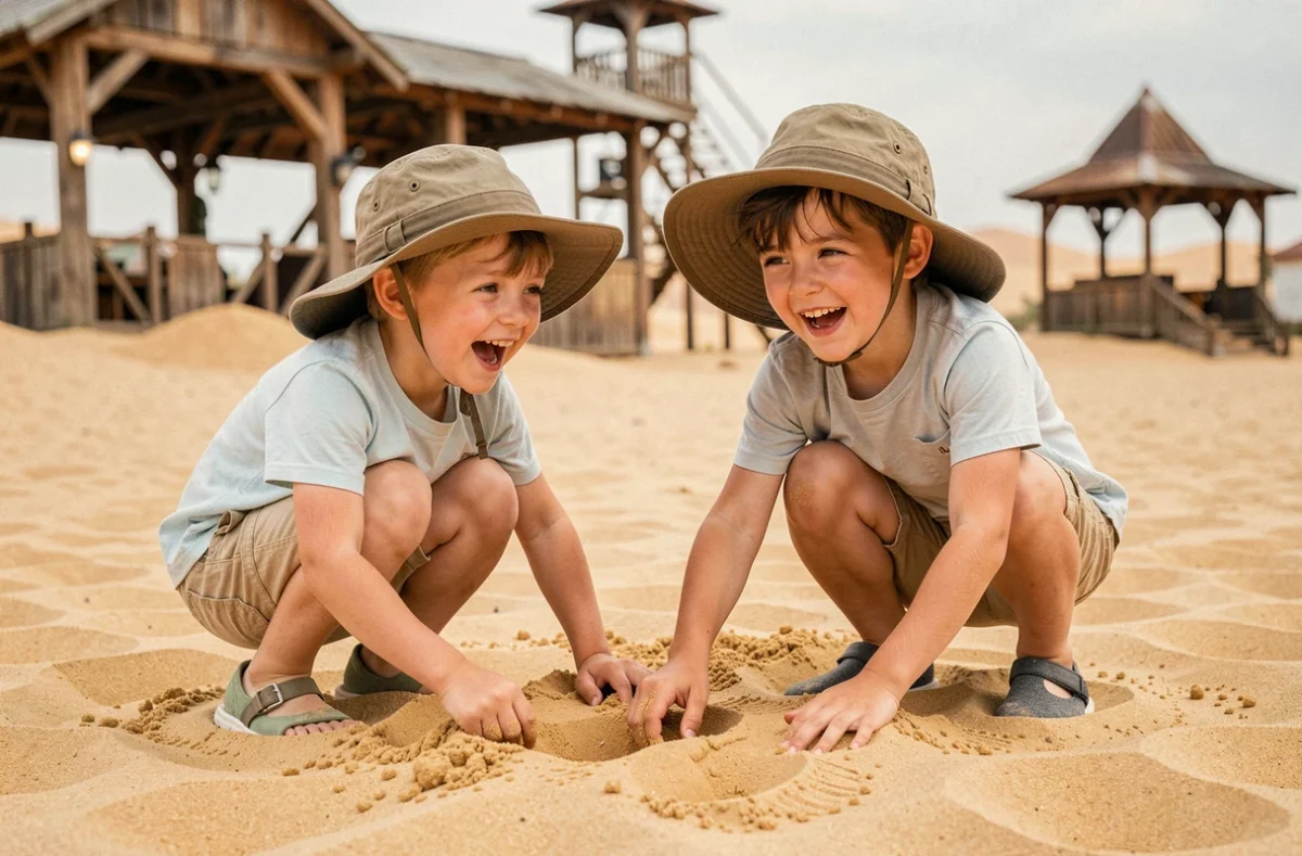 Enfants jouant dans les dunes de sable au parc d'attractions Mer de Sable