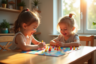 Deux jeunes enfants jouent joyeusement à un jeu de l'oie coloré