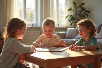 Trois jeunes enfants jouent à un jeu éducatif dans un salon lumineux