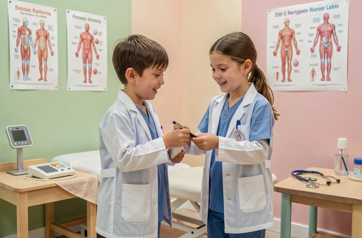 Deux enfants jouant au docteur dans une salle de consultation miniature à Palomano Lille