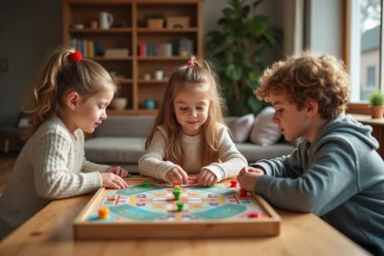 Trois enfants jouent à un jeu de société Cendrillon dans un salon chaleureux
