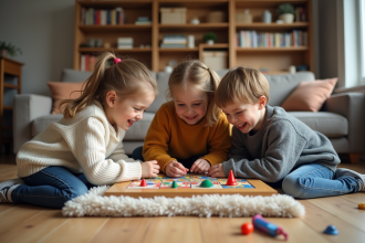 Trois enfants jouent à un jeu éducatif dans un salon chaleureux