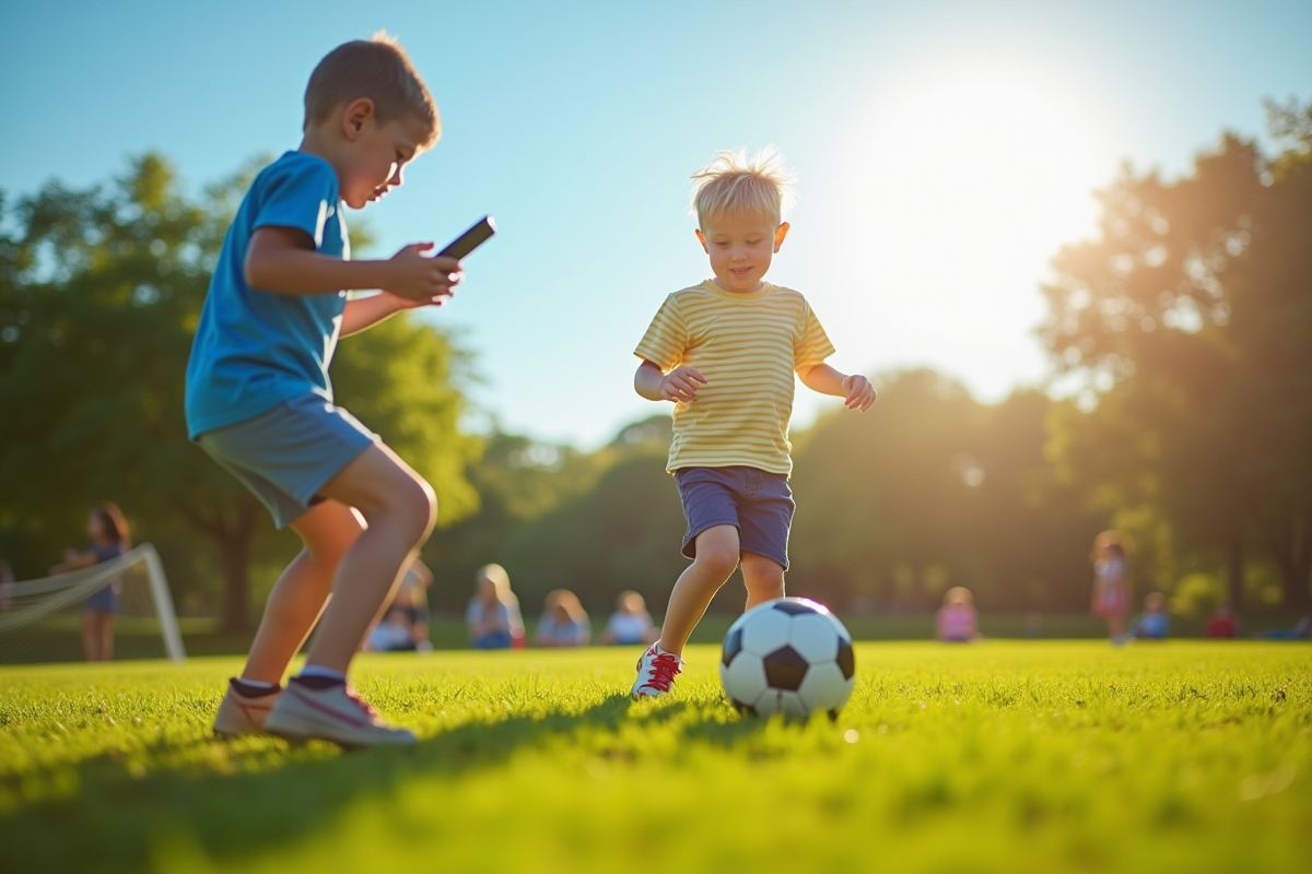 Deux enfants jouant dans un parc ensoleille avec un smartphone