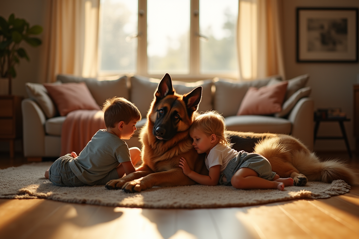 Enfants jouant avec un chien dans un salon chaleureux