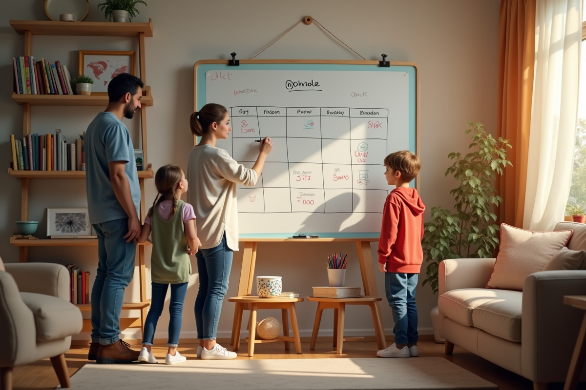Enfants et parents planifiant leur emploi du temps familial