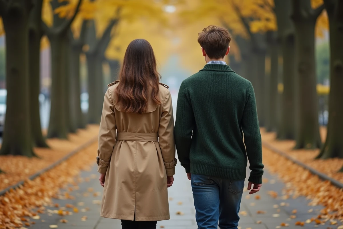 Jeunes adultes marchant discrètement dans une allée d'automne, illustrant des enfants de personnalité publique préservés de la notoriété