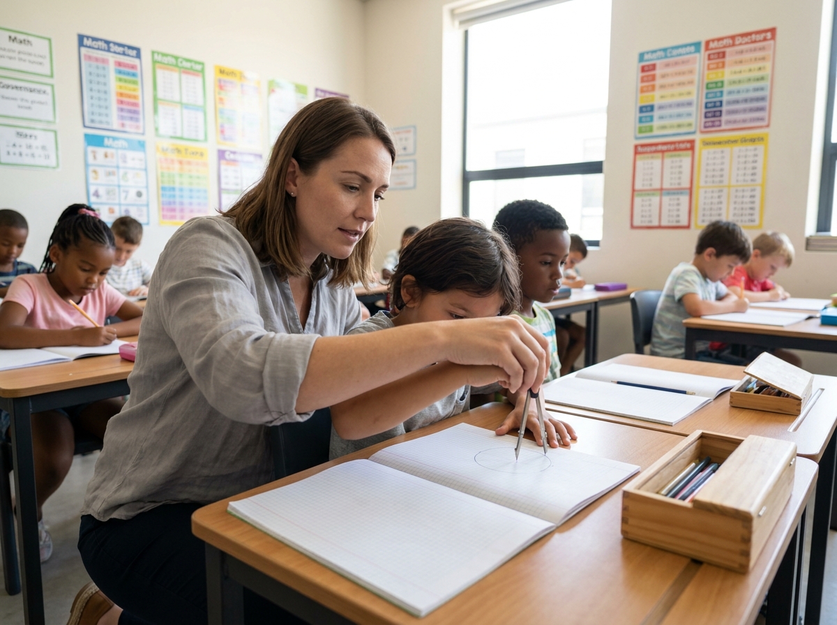 Enseignante guidant un élève avec un compas pour tracer un cercle en cours de mathématiques