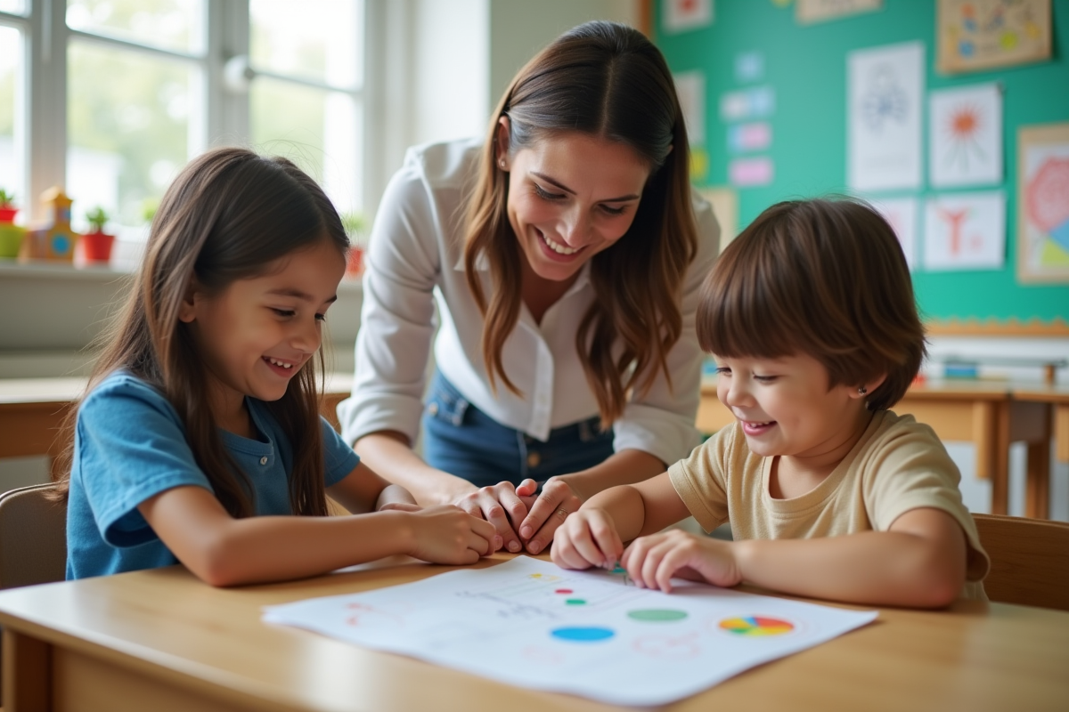 Enseignante guidant deux enfants lors d