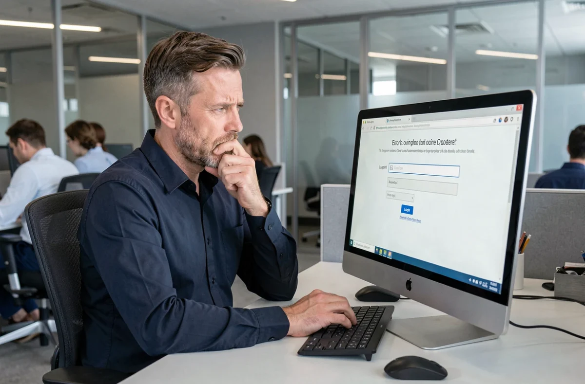 Homme d'affaires face à un message d'erreur lors de sa première connexion à un portail en ligne