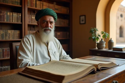 Un érudit musulman âgé consulte des manuscrits généalogiques anciens dans une bibliothèque traditionnelle, illustrant la transmission historique de la lignée du Prophète Mohammed