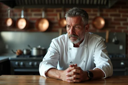 Chef Philippe Etchebest assis en réflexion dans sa cuisine professionnelle, regard baissé, ambiance intime et mélancolique