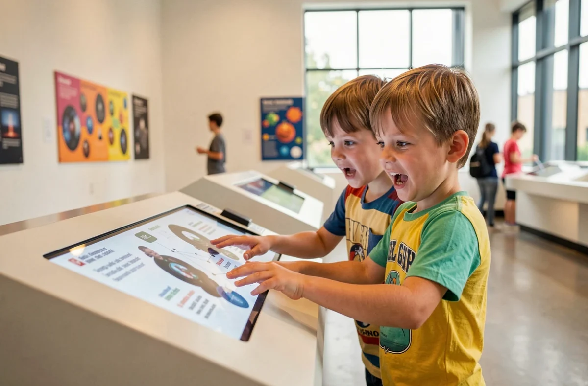 Enfants explorant des expositions scientifiques interactives à l'Exploradôme de Vitry-sur-Seine
