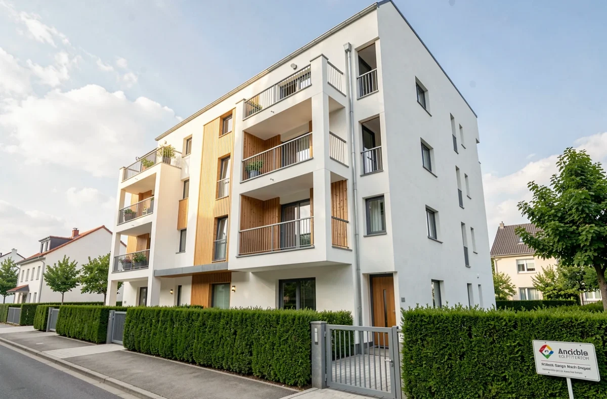 Façade d'immeuble résidentiel contemporain photographiée en extérieur pour une annonce immobilière
