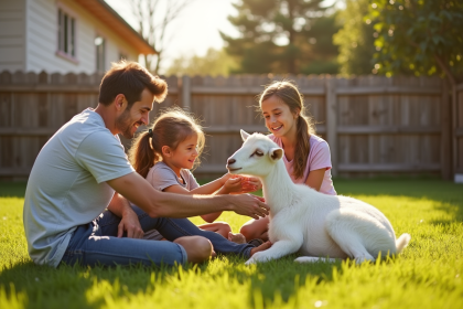 Famille souriante nourrissant un mouton dans le jardin