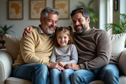 Deux hommes et une jeune fille souriante dans un salon chaleureux