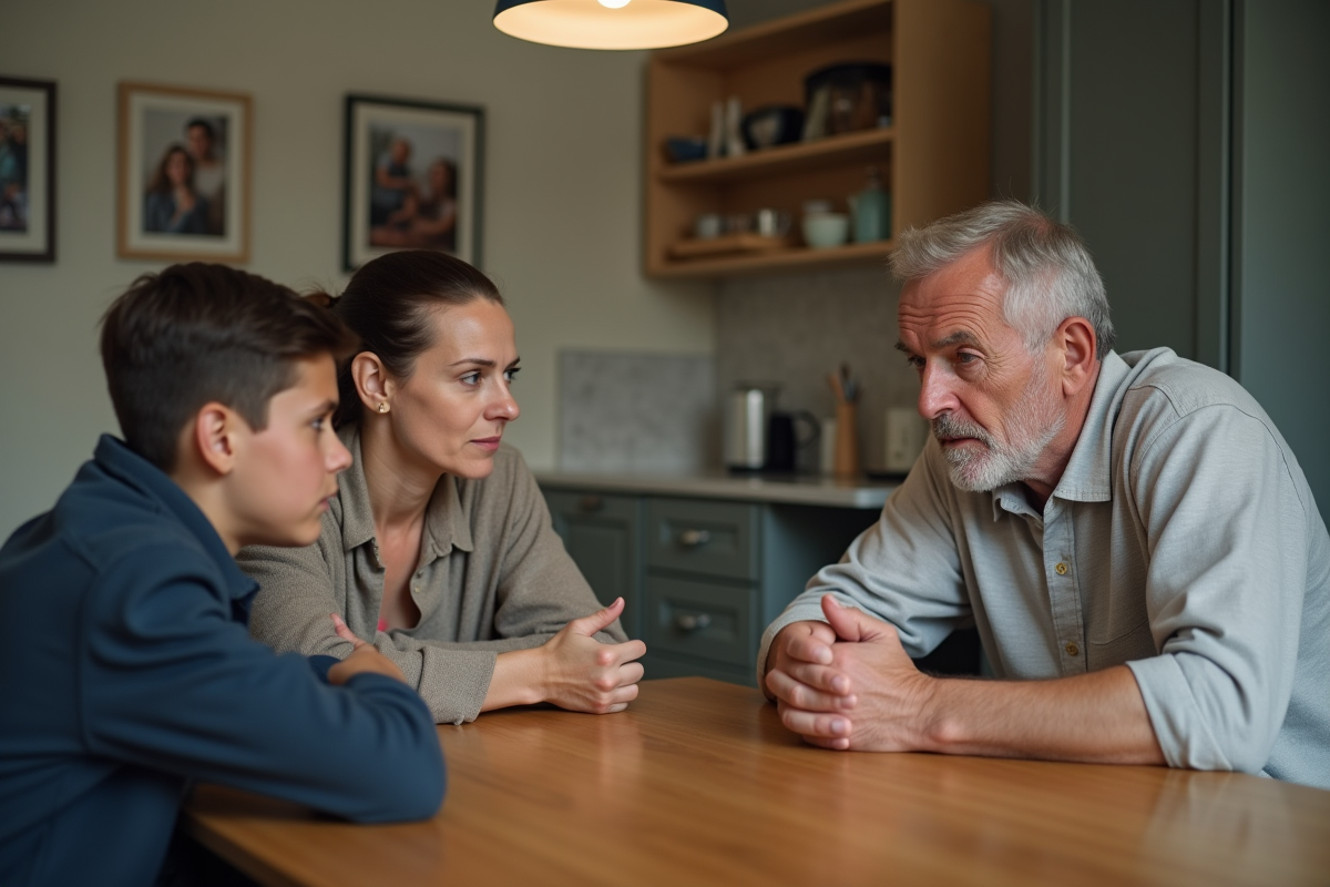 Parents et adolescent en pleine conversation dans un appartement
