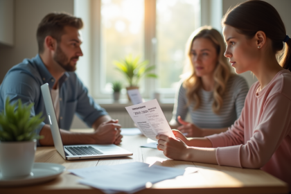 Famille sérieuse et optimiste à la cuisine avec documents