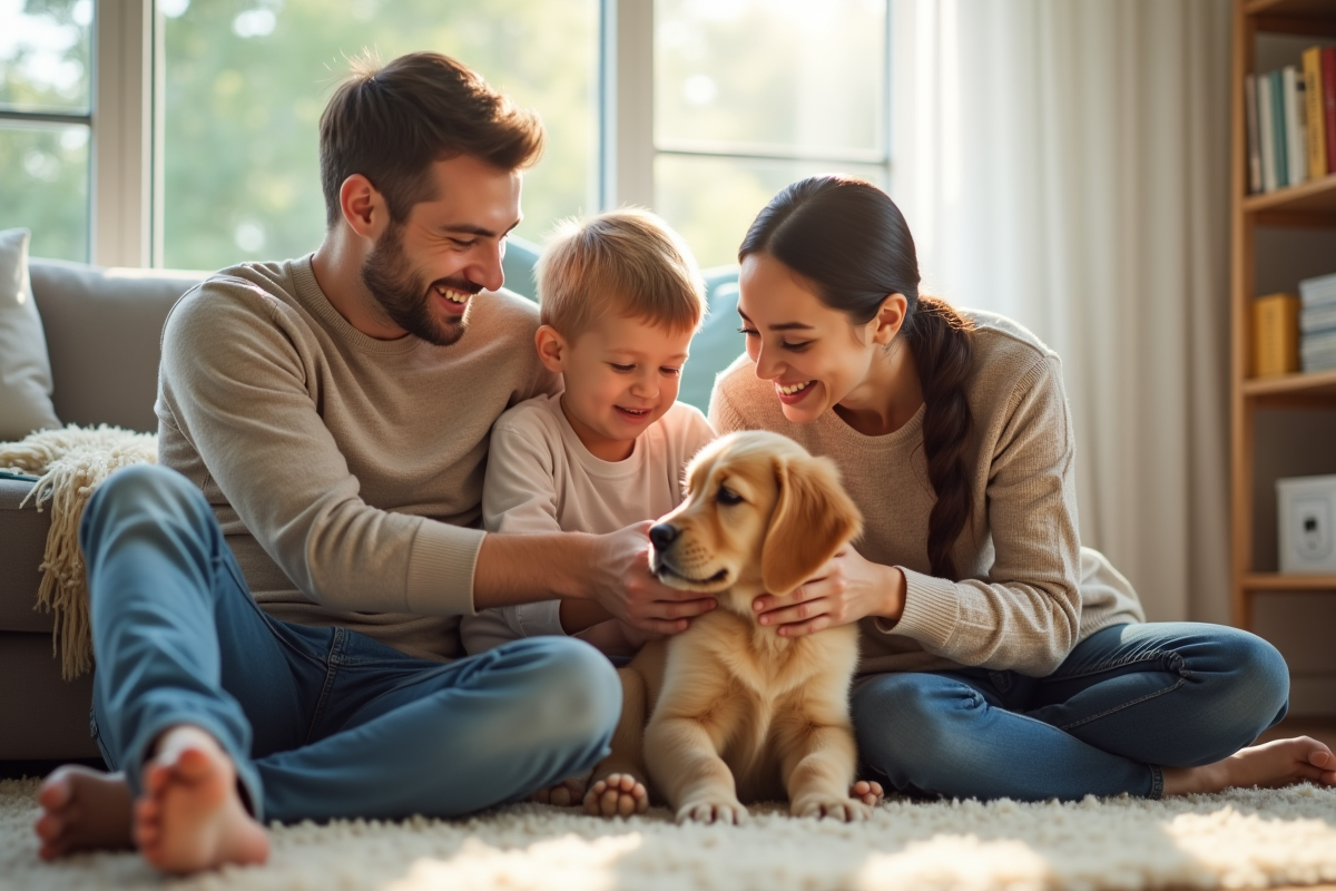 Famille heureuse avec un chiot golden retriever dans le salon