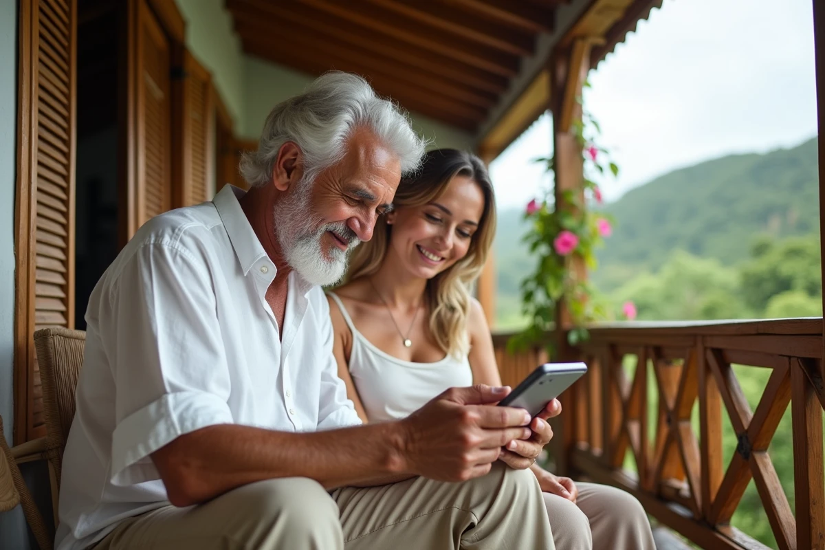Grand-père martiniquais et jeune couple consultant une tablette sur une véranda créole, transmission culturelle intergénérationnelle