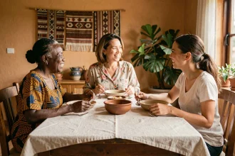 Famille multigénérationnelle africaine réunie autour d'un repas, représentant les valeurs familiales transmises de génération en génération