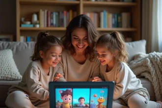 Mère et enfants qui regardent ensemble l'ordre des films Disney sur un ordinateur portable dans le salon