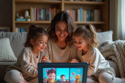 Mère et enfants qui regardent ensemble l'ordre des films Disney sur un ordinateur portable dans le salon